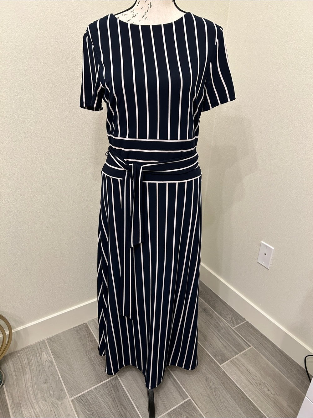 Ralph Lauren Striped Navy and White Maxi Dress with Waist Sash